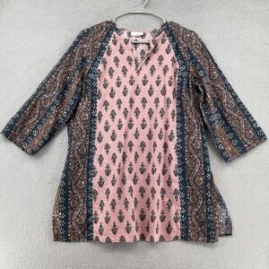 J Jill Purejill Top Womens Small Petite Pink Blue Paisley Linen Blend Boho Tunic